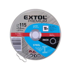 Extol Premium vágókorong 10 db, acélhoz/inoxhoz, kék; 115×1×22,2mm, max 13300 ford/perc, fémdobozban 8808101 termék fő termékképe