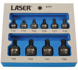 Laser Tools LAS-6727 1/4", 3/8"-os gépi rátűzőkulcs készlet, extra alacsony, torx, T10-T50, 10 részes