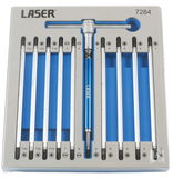 Laser Tools LAS-7284 T-meghajtó + 10 db 175 mm hosszú kétvégű bit (lapos, PH, PZ, imbusz, torx), 12 részes