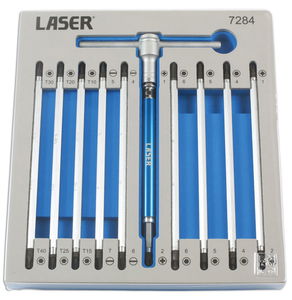 Laser Tools LAS-7284 T-meghajtó + 10 db 175 mm hosszú kétvégű bit (lapos, PH, PZ, imbusz, torx), 12 részes termék fő termékképe