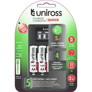 Uniross UCU002 LCD-s 4 fiókos gyorstöltő + 4 db AA (ceruza) 2100 mAh HYBRIO Ni-MH akkumulátor termék fő termékképe