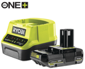 Ryobi RC18120-120C 18V ONE+ kompakt töltő és 1 db Lithium+ Li-ion akkumulátor, 18 V, 2.0 Ah