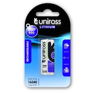 Uniross CR123A/LIR16340 3.7V Li-ion nem védett akkumulátor, 650 mAh, 1 db/bliszter termék fő termékképe