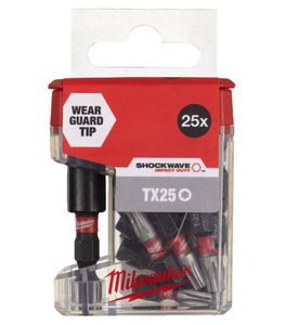 Milwaukee Shockwave Impact Duty™ csavarozó bit, 25 mm, TX 25, 25 db/csomag + 1 db mágneses bittartó (60 mm) termék fő termékképe