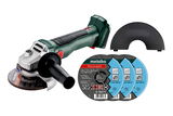 METABO Set W 18 L BL 9-125 SET szénkefe nélküli akkumulátoros sarokcsiszoló (akku és töltő nélkül, kartonban) + 3 db vágótárcsa, védőburkolat