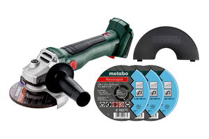 METABO Set W 18 L BL 9-125 SET szénkefe nélküli akkumulátoros sarokcsiszoló (akku és töltő nélkül, kartonban) + 3 db vágótárcsa, védőburkolat termék fő termékképe