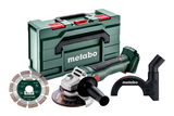 METABO Set W 18 L BL 9-125 szénkefe nélküli akkumulátoros sarokcsiszoló (akku és töltő nélkül, metaBOX kofferben) + 1 db vágótárcsa, elszívó védőburkolat