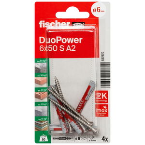 Fischer DUOPOWER dübel 6 x 50 S A2 K NV - csavarral, bliszteres, 4 db/csomag termék fő termékképe