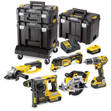 Dewalt DCK654P3T akkus gépcsomag, 6 gépes (3 x 5.0 Ah Li-ion akkuval, 2 TSTAK kofferrel és szállítókocsival)