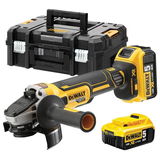 Dewalt DCG405P2 szénkefe nélküli akkus sarokcsiszoló (2 x 5.0 Ah Li-ion akkuval, kofferben)